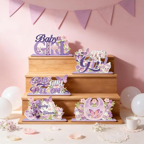 6Pcs Purple Butterfly Wooden Baby Shower Decorations Floral Table Centerpieces Supplies Welcome Baby in Bloom Table Display It's a Girl Gender Reveal for Girl Props in Saudi Arabia