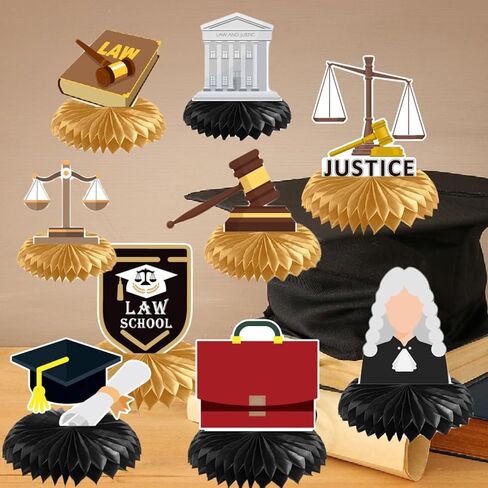 تهانينا قطع مركزية على شكل قرص العسل للمحامي، 9 قطع من ديكورات حفلات التخرج في كلية الحقوق، قطع مركزية على شكل قرص العسل لطاولة ذهبية سوداء لمستلزمات حفلات كلية الحقوق، فئة التخرج من كلية الحقوق لعام 2026 in Kuwait