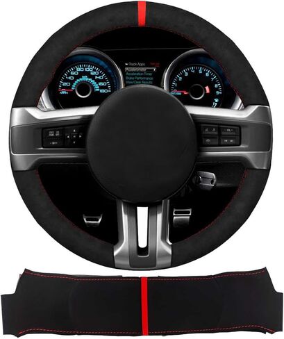 غطاء عجلة قيادة السيارة لسيارة Ford Mustang 2013 Coupe 2011 Base Model Mustang Gt Premium Cs 2014 المكشوفة V6 Grabber Stampede Edition أسود قصير من جلد الغزال القطيفة مخصص بغرز يدوية in Kuwait