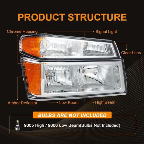 Headlight Assembly for 2004-2012 Chevy Colorado/GMC Canyon Pair of Driver Left & Passenger Right Side Replacement Bumper Lamp Set 15147930 Chrome Housing Amber Reflector in Saudi Arabia
