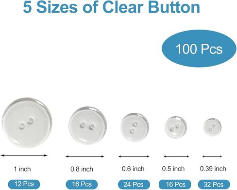 100 Pcs Resin Clear Buttons, 5 Mixed Sizes of Sewing Buttons, 2 Holes Craft Button for Sewing, Suits, DIY and Decoration in Saudi Arabia