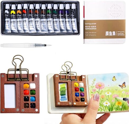 New Tobios Mini Watercolor Paint Set Portable,Mini Travel Watercolor Palette Set,Pocket Artist Acrylic colour Sets with Watercolor Pens,Binder Clips, Include 12 Colors Paint for Beginners Artists Students in Saudi Arabia