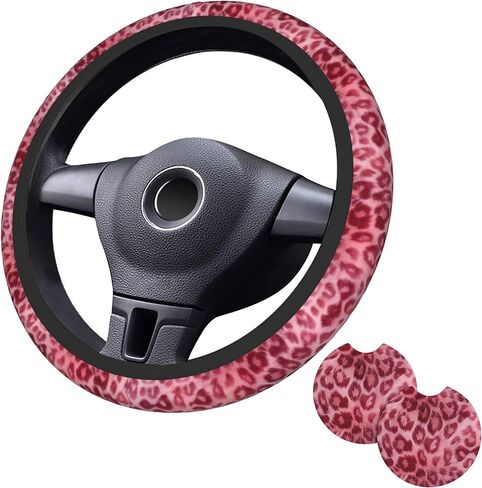 Black Leopard Print Steering Wheel Cover Black Cheetah Leopard Print Steering Wheel Protector Car Accessories 15inch Neoprene 2 Pcs Car Coasters for Women Men in Saudi Arabia