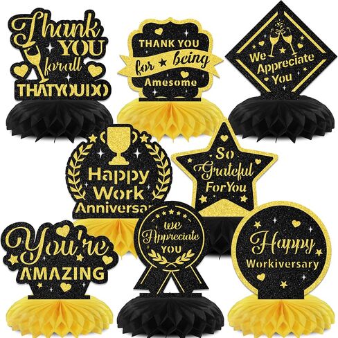 Happy Work Anniversary Decorations 8PCS Happy Work Anniversary Honeycomb Centerpieces Work Anniversary Decorations Black & Gold Glitter in Saudi Arabia