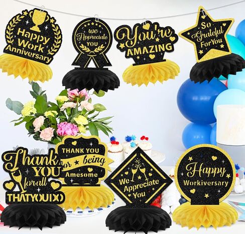Happy Work Anniversary Decorations 8PCS Happy Work Anniversary Honeycomb Centerpieces Work Anniversary Decorations Black & Gold Glitter in Saudi Arabia