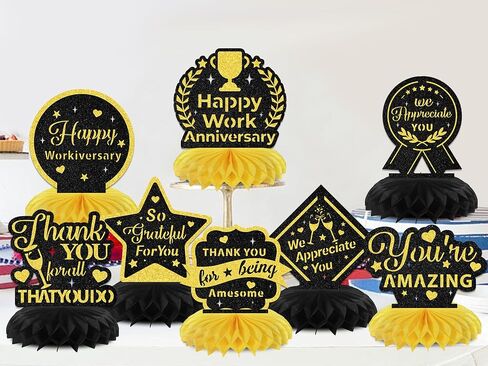 Happy Work Anniversary Decorations 8PCS Happy Work Anniversary Honeycomb Centerpieces Work Anniversary Decorations Black & Gold Glitter in Saudi Arabia