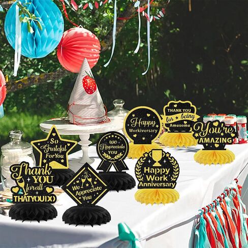 Happy Work Anniversary Decorations 8PCS Happy Work Anniversary Honeycomb Centerpieces Work Anniversary Decorations Black & Gold Glitter in Saudi Arabia