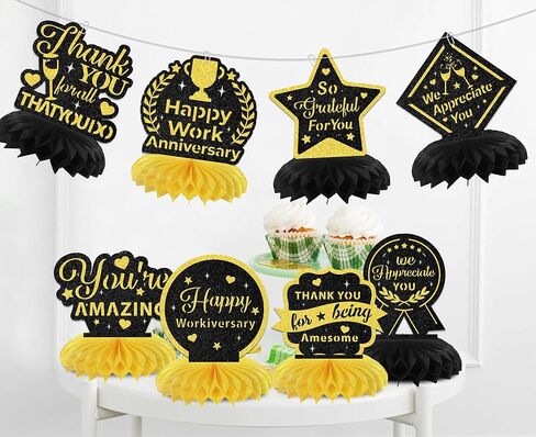 Happy Work Anniversary Decorations 8PCS Happy Work Anniversary Honeycomb Centerpieces Work Anniversary Decorations Black & Gold Glitter in Saudi Arabia