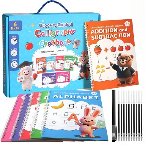 KAK Magic Grooved Writing Practice, grooved Handwriting Practice for Kids 6 Books Ages 3-8, Includes Pen Grips & 10 Refills,Preschool Learning in Saudi Arabia