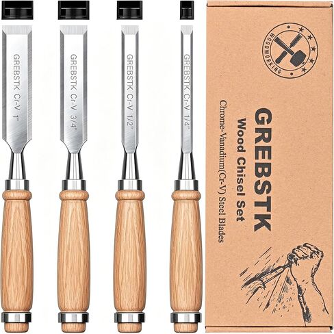 GREBSTK 4-Piece Ultra-Sharp Wood Chisel Set, CR-V Steel Beveled Blades with Guards, Comfortable & Durable Handle, for Carving, DIY & Woodworking (1/4", 1/2", 3/4", 1") in Saudi Arabia