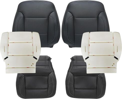 SecosAutoparts السائق والراكب الجانب السفلي والعلوي استبدال أغطية مقاعد جلدية مثقوبة ووسائد إسفنجية سوداء متوافقة مع تشيفي سيلفرادو جي إم سي سييرا 2014 2015 2016 2017 2018 2019 in Kuwait