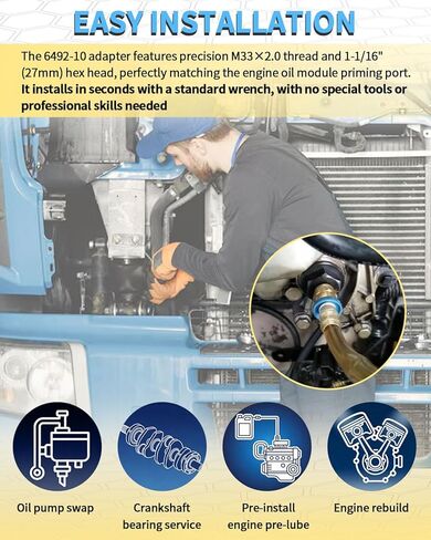 6492-10 Oil Priming Adapter Fit for Detroit Diesel DD13 DD15 Engines, M33×2.0 Thread 27mm Hex Replace J-49181 649210 with Dust Cover, Conduit, Sealing Tape in Saudi Arabia