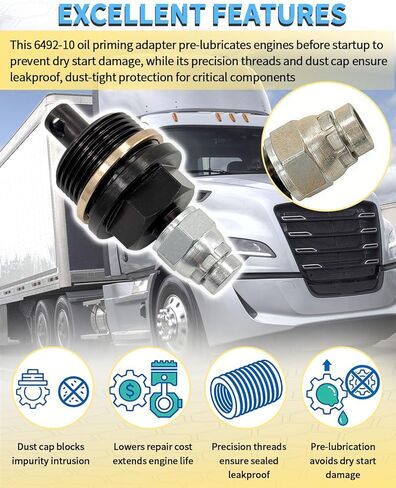 6492-10 Oil Priming Adapter Fit for Detroit Diesel DD13 DD15 Engines, M33×2.0 Thread 27mm Hex Replace J-49181 649210 with Dust Cover, Conduit, Sealing Tape in Saudi Arabia