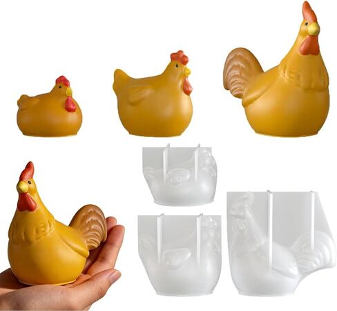 Chicken Resin Molds, 3 Piece Silicone Chicken Mold Set for Candle, Soap and Epoxy Resin, Reusable Flexible Rooster and Hen Molds for Farmhouse DIY Crafts (A) in Saudi Arabia