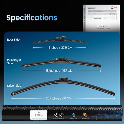 Quiet-drive Wiper Blades for Golf, Golf R, GTI, e-Golf, Golf sportwagen, Taos, Golf Alltrack; OEM Fit; Set of 3; Lab Tested 500K Endurance & -40°C to 80°C; Optimized Pressure; 26"+18"+11" in Saudi Arabia