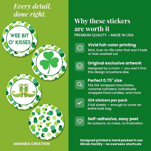 Wee Bit O'Fun St. Patrick’s Day Birthday Party Kiss Sticker Labels, 300 Party Circle Sticker Sized 0.75" for Chocolate Drop Kisses by AmandaCreation, Great for Favors, Envelope Seals & Goodie Bags in Saudi Arabia