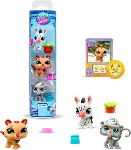 BANDAI Littlest Pet Shop Pack 3 Zoo Pets BF00597 Set of 3 Pets, Accessory, Collector's Card and Virtual Code, Generation 7, Pets #96, #97, #98, Kids 4+ in Saudi Arabia