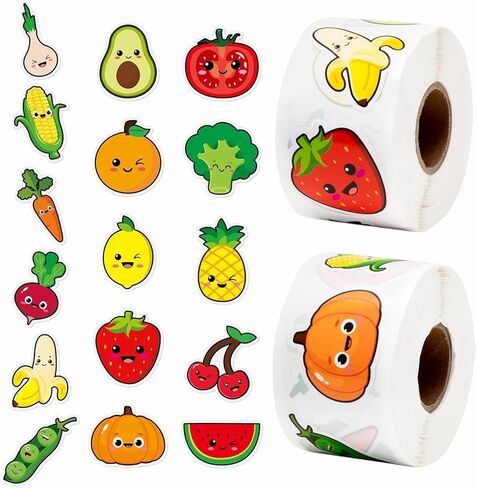 1000Pcs Sticker Rolls Cute Funny Vegetables Fruit Sticker Roll with 16 Different Pattern Designs Waterproof Self-Adhesive Decals Strawberry Banana Lemon Orange Pineapple Reward Stickers for Kids in Saudi Arabia