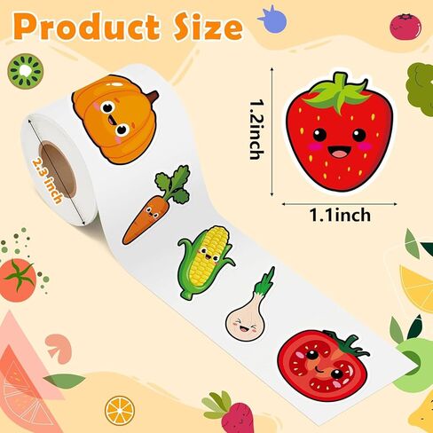 1000Pcs Sticker Rolls Cute Funny Vegetables Fruit Sticker Roll with 16 Different Pattern Designs Waterproof Self-Adhesive Decals Strawberry Banana Lemon Orange Pineapple Reward Stickers for Kids in Saudi Arabia
