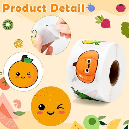 1000Pcs Sticker Rolls Cute Funny Vegetables Fruit Sticker Roll with 16 Different Pattern Designs Waterproof Self-Adhesive Decals Strawberry Banana Lemon Orange Pineapple Reward Stickers for Kids in Saudi Arabia