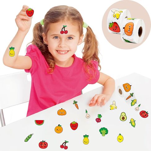 1000Pcs Sticker Rolls Cute Funny Vegetables Fruit Sticker Roll with 16 Different Pattern Designs Waterproof Self-Adhesive Decals Strawberry Banana Lemon Orange Pineapple Reward Stickers for Kids in Saudi Arabia