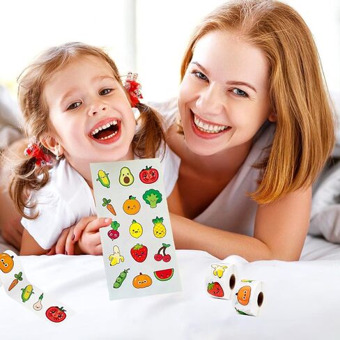 1000Pcs Sticker Rolls Cute Funny Vegetables Fruit Sticker Roll with 16 Different Pattern Designs Waterproof Self-Adhesive Decals Strawberry Banana Lemon Orange Pineapple Reward Stickers for Kids in Saudi Arabia