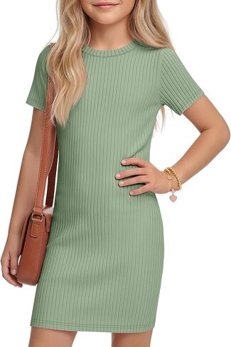 Girl's Short Sleeve Dress Ribbed Crewneck Bodycon Mini Pencil Dress Teen Party Dance Summer Slim Fit Clothes in Saudi Arabia