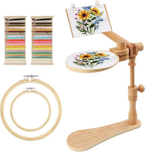 Adjustable Embroidery Hoop Stand, Beech Wood Tabletop Embroidery Hoop Frame with 2 Pcs 3.7" & 6.3" Diameter Bamboo Hoops, 360° Rotating Cross Stitch Needlepoint Stand for Beginners and Hobbyists in Saudi Arabia