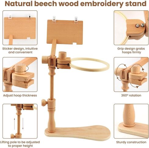 Adjustable Embroidery Hoop Stand, Beech Wood Tabletop Embroidery Hoop Frame with 2 Pcs 3.7" & 6.3" Diameter Bamboo Hoops, 360° Rotating Cross Stitch Needlepoint Stand for Beginners and Hobbyists in Saudi Arabia