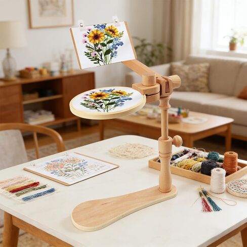 Adjustable Embroidery Hoop Stand, Beech Wood Tabletop Embroidery Hoop Frame with 2 Pcs 3.7" & 6.3" Diameter Bamboo Hoops, 360° Rotating Cross Stitch Needlepoint Stand for Beginners and Hobbyists in Saudi Arabia