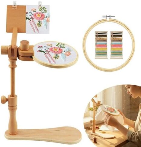 Adjustable Embroidery Hoop Stand, Beech Wood Tabletop Embroidery Hoop Frame with 2 Pcs 3.7" & 6.3" Diameter Bamboo Hoops, 360° Rotating Cross Stitch Needlepoint Stand for Beginners and Hobbyists in Saudi Arabia