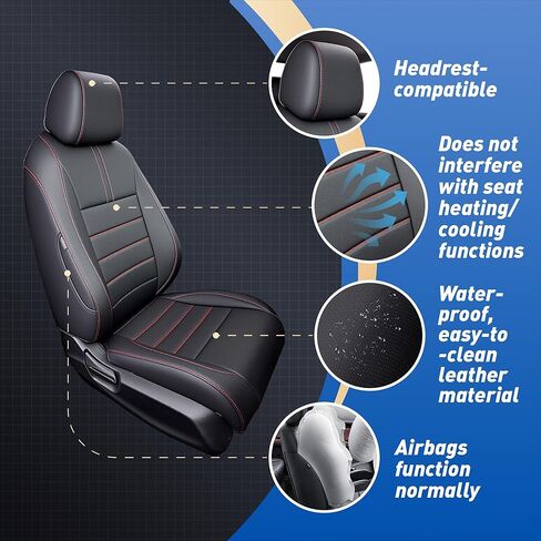 Seat Covers Fit Honda Civic Sedan 2016 2017 2018 2019 2020 2021 EX EX-L EX-T Touring LX-P Sport, Full Set Faux Leather, Water-Resistant Seat Protectors-Black with Red Trim in Kuwait