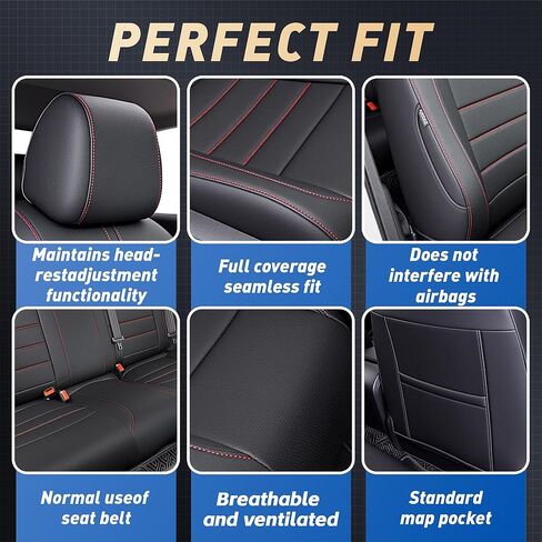 Seat Covers Fit Honda Civic Sedan 2016 2017 2018 2019 2020 2021 EX EX-L EX-T Touring LX-P Sport, Full Set Faux Leather, Water-Resistant Seat Protectors-Black with Red Trim in Kuwait
