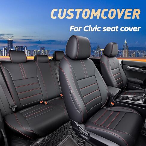 Seat Covers Fit Honda Civic Sedan 2016 2017 2018 2019 2020 2021 EX EX-L EX-T Touring LX-P Sport, Full Set Faux Leather, Water-Resistant Seat Protectors-Black with Red Trim in Kuwait
