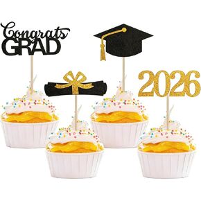 2026 قبعات كب كيك التخرج، 24 قطعة زينة التخرج باللونين الأسود والذهبي، أغطية كعكة لامعة، قبعات التخرج، اختيارات كب كيك لفئة 2026، مستلزمات الحفلات المفضلة، زينة كعكة صغيرة in Kuwait
