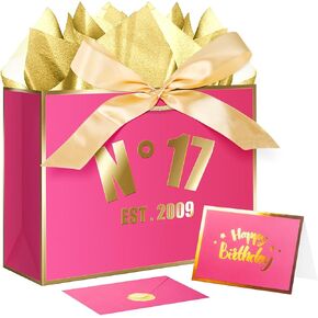 XiaosRen 12th Hot Pink Birthday Gift Bag with Card, Tissue Paper and Ribbon for Women Girls Birthday Party Favor, Presents Wrapping (12.6" EST 2014) in Saudi Arabia