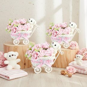 3 Pack Wicker Baby Carriage for Baby Shower - Wicker Carriage Table Centerpieces Floral Arrangement with Bouquet and Bear Baby Shower Centerpieces, Ideal for Baby Shower Party (Pink) in Saudi Arabia