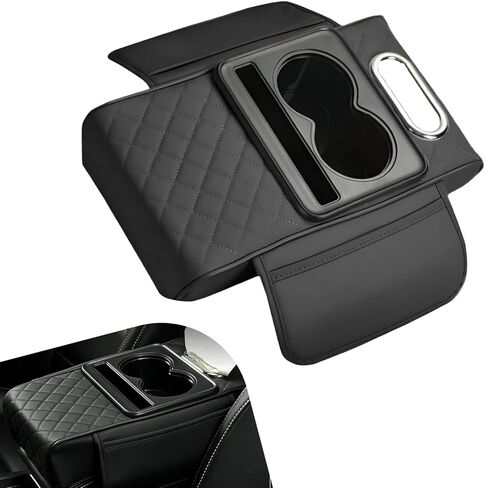 1 PC Car Armrest Box Mat, Console Organizer with 2 Cup Holders & Tissue Box, 13.78"x7.87"x3.15" Leather Armrest Pillow Protector, Universal for Most Cars, Trucks, SUVs (Black #01) in Saudi Arabia