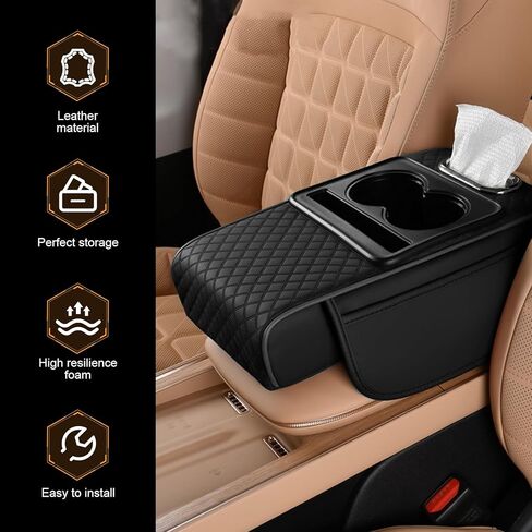 1 PC Car Armrest Box Mat, Console Organizer with 2 Cup Holders & Tissue Box, 13.78"x7.87"x3.15" Leather Armrest Pillow Protector, Universal for Most Cars, Trucks, SUVs (Black #01) in Saudi Arabia