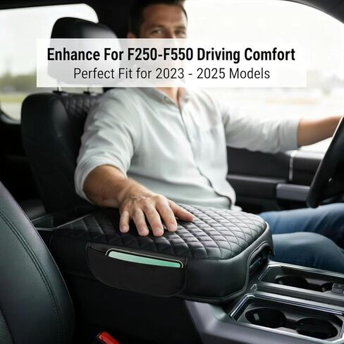 Thickened Center Console Armrest Cover with Side Pocket for 2023-2026 F250 F350 F450 F550 Super Duty, Bucket Seat, Leather Trim, Arm Rest Lid Cushion Protector, Anti-Scratch, Black in Saudi Arabia