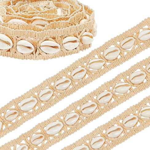 PH PandaHall 2 Yards Natural Seashells Lace Trim 1.12" Width Boho Shell Ribbon Lace Decorative Sewing Ribbon Trim for Clothing Dress Lampshade Curtain Hat Party DIY Craft Home Decor in Kuwait