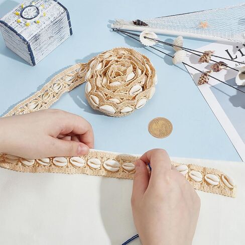 PH PandaHall 2 Yards Natural Seashells Lace Trim 1.12" Width Boho Shell Ribbon Lace Decorative Sewing Ribbon Trim for Clothing Dress Lampshade Curtain Hat Party DIY Craft Home Decor in Kuwait