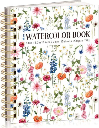 45 Sheets Floral Watercolor Paper Pad, A5 Spiral-Bound Watercolor Journal, 110lb/230GSM Heavyweight Watercolor Paper Travel Sketchbook Ideal for Mixed Media Painting and Drawing in Saudi Arabia