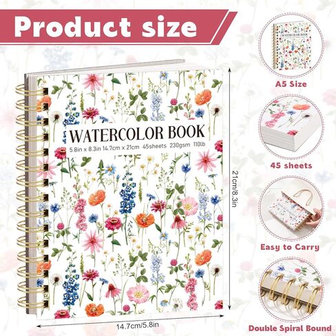 45 Sheets Floral Watercolor Paper Pad, A5 Spiral-Bound Watercolor Journal, 110lb/230GSM Heavyweight Watercolor Paper Travel Sketchbook Ideal for Mixed Media Painting and Drawing in Saudi Arabia