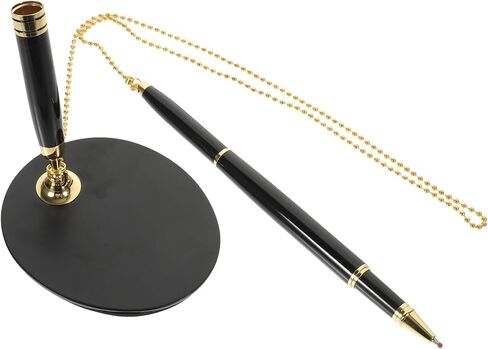 ULTECHNOVO Security Signature Pen with Adhesive Chain and Vertical Stand, Black Writing Pen with Gold Accessories for Bank Counters and Office Use in Kuwait