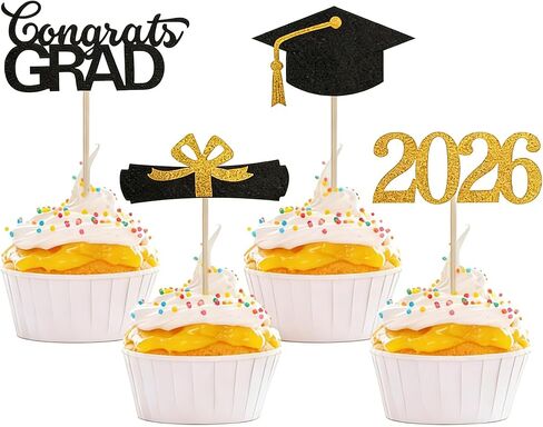2026 قبعات كب كيك التخرج، 24 قطعة زينة التخرج باللونين الأسود والذهبي، أغطية كعكة لامعة، قبعات التخرج، اختيارات كب كيك لفئة 2026، مستلزمات الحفلات المفضلة، زينة كعكة صغيرة in Kuwait