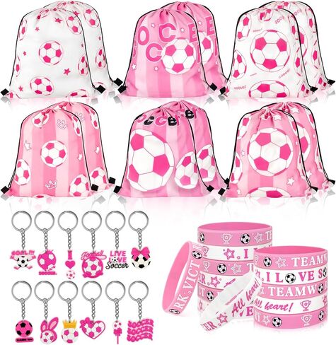 36 Pcs Pink Soccer Party Favors, Soccer Team Gifts Set Includes 12 Drawstring Goodie Bags, 12 Motivational Bracelets, 12 Keychains, Sports Birthday Party Supplies Decorations for Women in Saudi Arabia