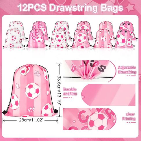 36 Pcs Pink Soccer Party Favors, Soccer Team Gifts Set Includes 12 Drawstring Goodie Bags, 12 Motivational Bracelets, 12 Keychains, Sports Birthday Party Supplies Decorations for Women in Saudi Arabia