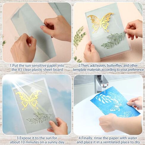 طقم ورق طباعة الشمس من Nezyo مكون من 100 قطعة من ورق Cyanotype مع 10 ألواح من البلاستيك الشفاف وقوالب ورق فراشات ورقية للبالغين من الورق الحساس للشمس للحرف الفنية DIY (5.83 × 8.27 بوصة) in Kuwait