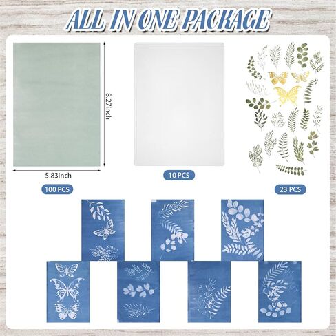 طقم ورق طباعة الشمس من Nezyo مكون من 100 قطعة من ورق Cyanotype مع 10 ألواح من البلاستيك الشفاف وقوالب ورق فراشات ورقية للبالغين من الورق الحساس للشمس للحرف الفنية DIY (5.83 × 8.27 بوصة) in Kuwait